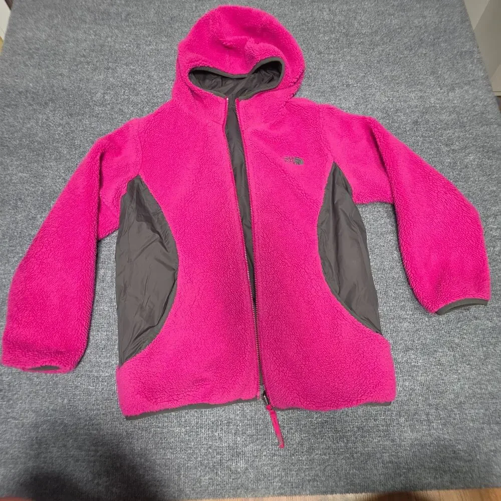 The North Face Girls XL Reversible Fleece Lined Hooded Jacket Pink Charcoal